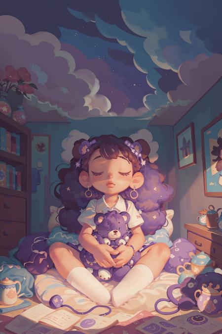 07625-2495434538-1girl,   , sleeping, night, clouds, sky, lie on bed, teddy bear, purple main color, dark night,, masterpiece, best quality,.png